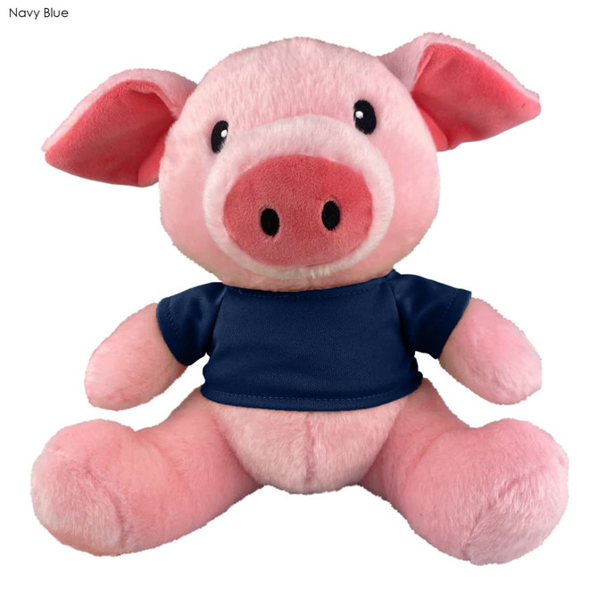 A cute pink pig plush toy wearing a navy blue shirt, with large ears and a friendly expression. It has a logo on it.