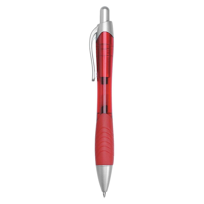 A red plastic pen with a silver clip and tip, featuring a textured grip. The pen has a logo.