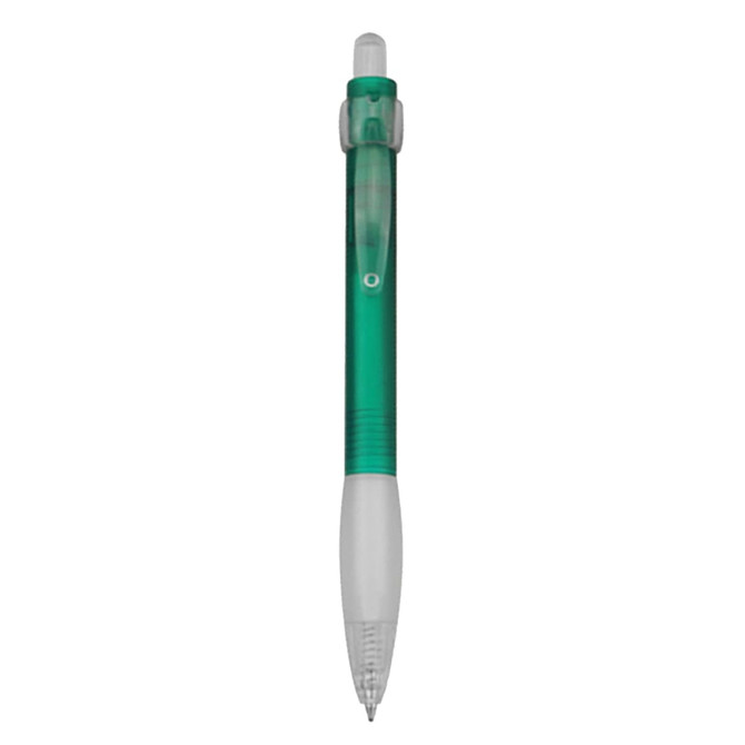 A green plastic pen with a clear barrel and a white grip section. The pen has a push-button mechanism and a branding logo.