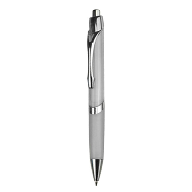 A plastic pen in grey with a silver clip and accents. Features a logo on the barrel.
