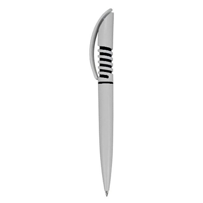 A plastic pen in white with black accents and a contoured grip. It features a clip and a sleek design.
