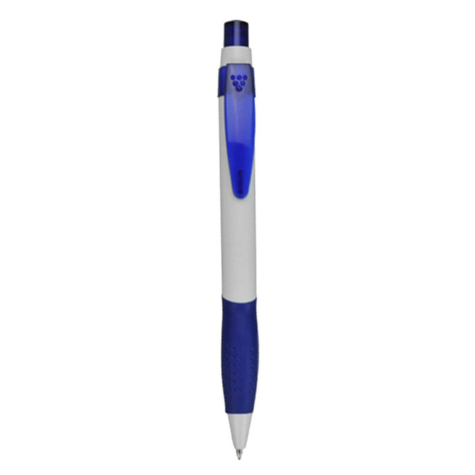 A plastic pen with a white barrel, blue grip, and blue clip, featuring a branding logo.