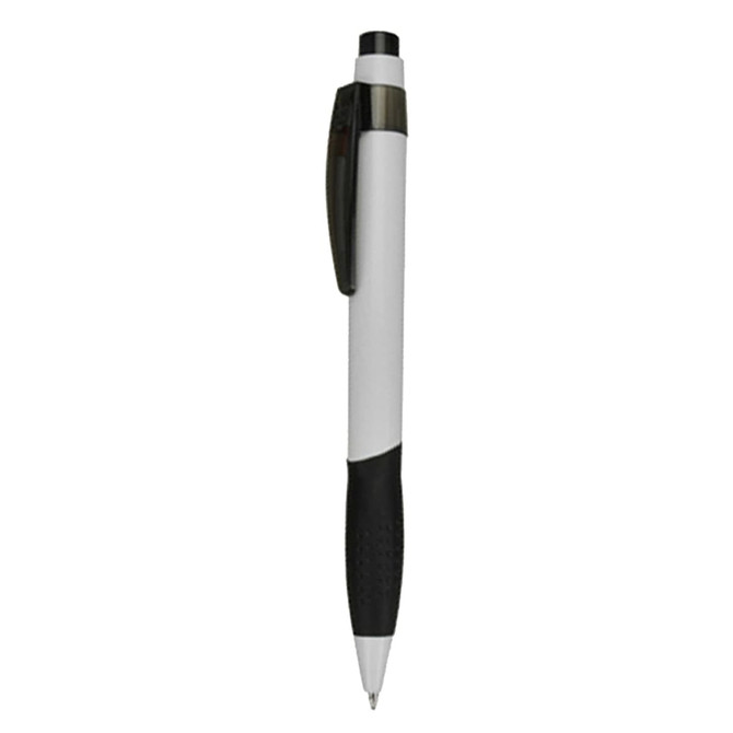 A plastic pen in white and black, featuring a secure clip and textured grip. It has a logo on the barrel.