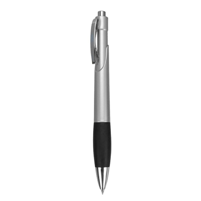 A silver plastic pen with a black grip and clip, featuring a branding logo.