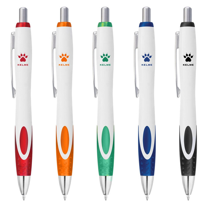 Five plastic pens in white, featuring various coloured grips: red, orange, green, blue, and black. Each pen has a logo.