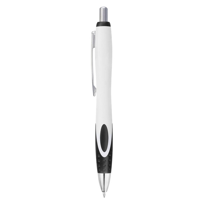 A plastic pen in white and black, featuring a textured grip and a shiny silver clip. It has a logo on the barrel.