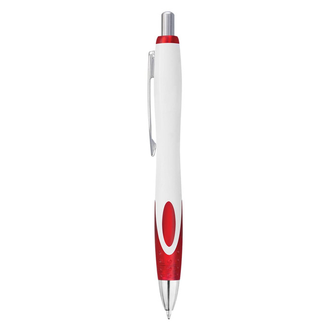 A plastic pen in white with red accents, featuring a clip and a sleek design. It has a logo on the barrel.