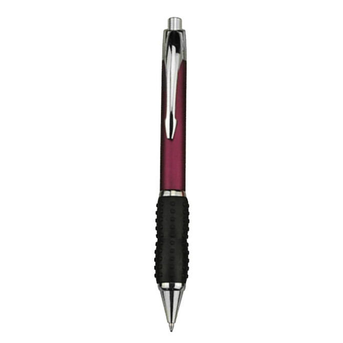 A plastic pen in a deep purple colour with a black rubber grip and chrome accents. Features a logo on the barrel.
