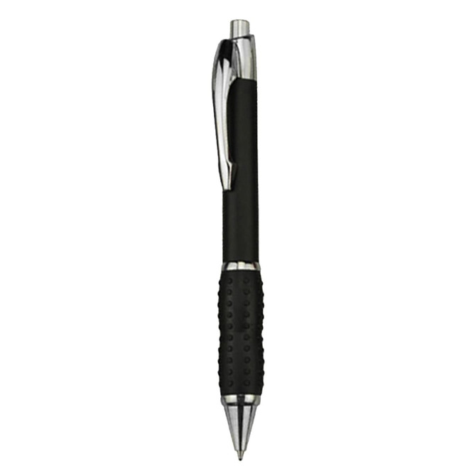A black plastic pen with a textured grip and chrome accents, featuring a logo.