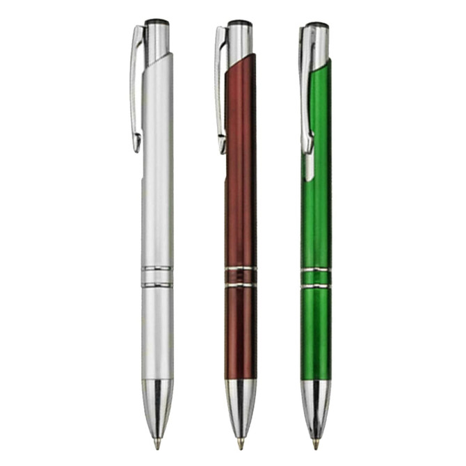 Three plastic pens in silver, burgundy, and green, featuring a logo on the barrel and a sleek design.