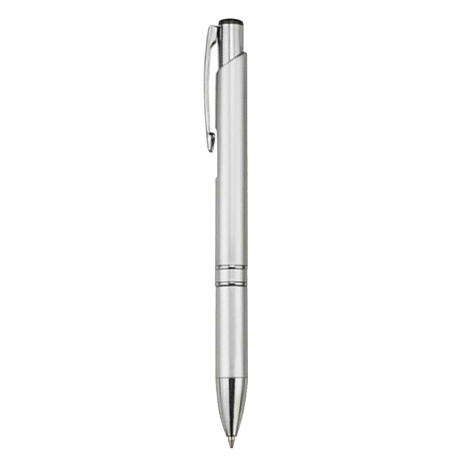 A sleek silver plastic pen with a clip and a shiny tip, featuring a logo on the barrel.
