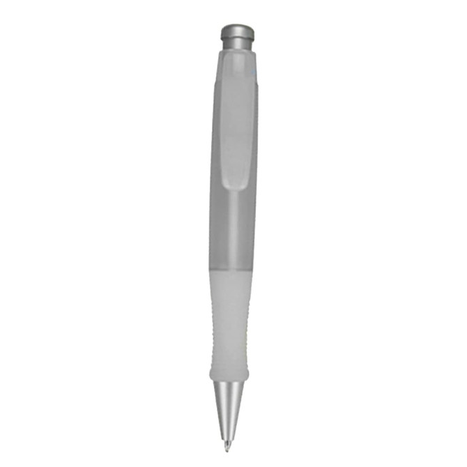 A grey plastic pen with a silver clip and tip, featuring a comfortable grip and a branding logo.