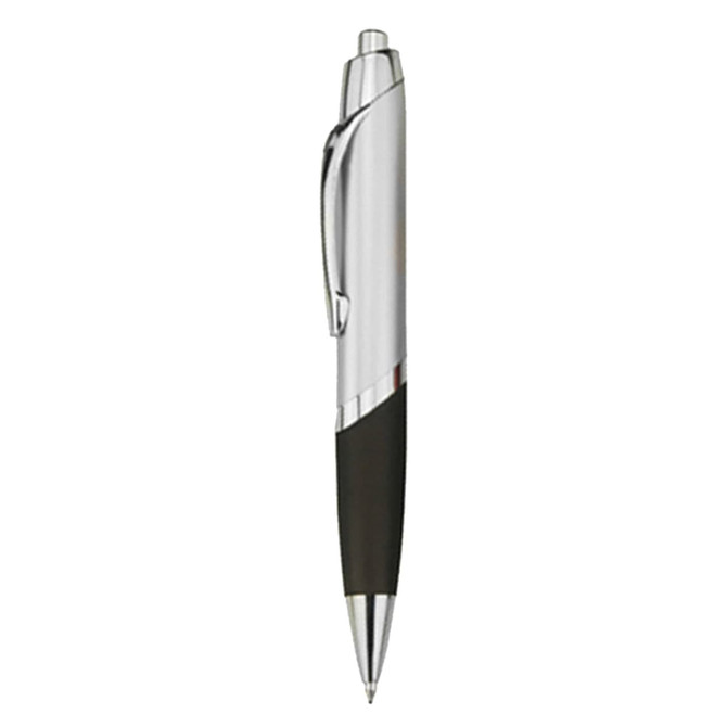 A plastic pen with a chrome barrel and a black grip, featuring a clip and a branding logo.