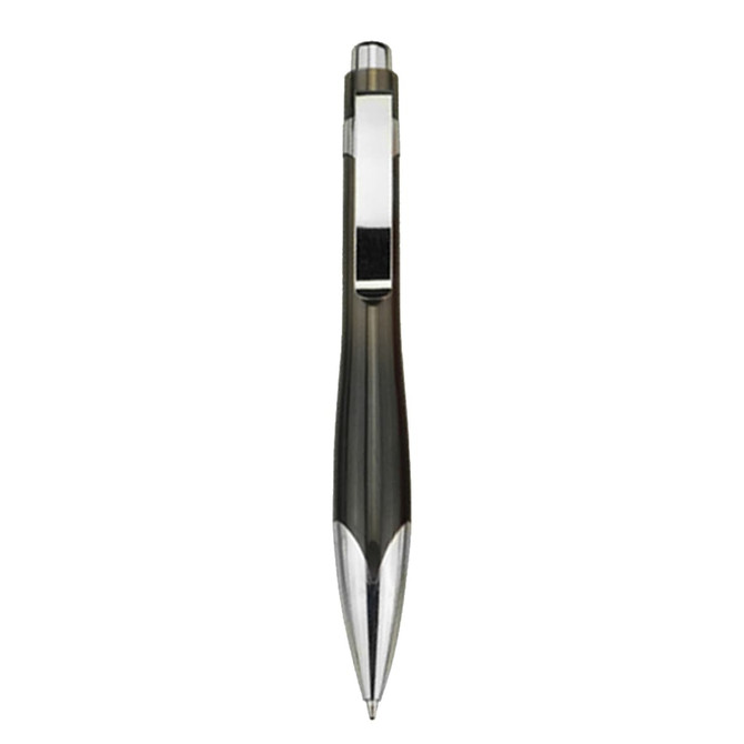 A plastic pen in black with silver accents and a clip, featuring a sleek design and a branding logo.