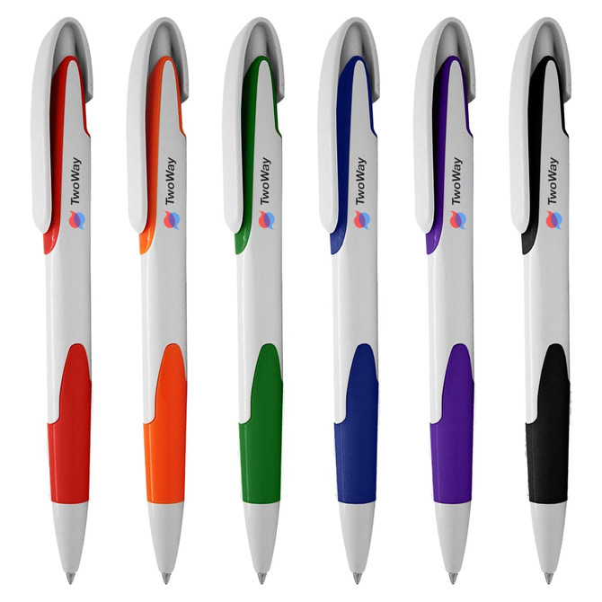 Six plastic pens in white with coloured accents, featuring orange, green, black, purple, and red. Each pen has a logo.