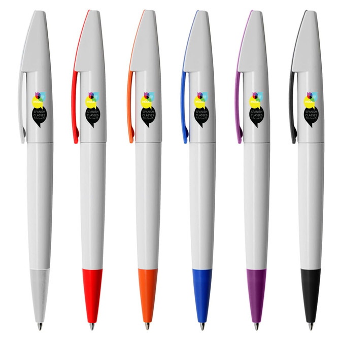 A collection of six plastic pens in white, featuring orange, red, blue, purple, and black accents, with branding.