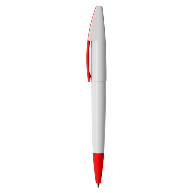 A plastic pen with a white body and red accents, featuring a clip and a logo.