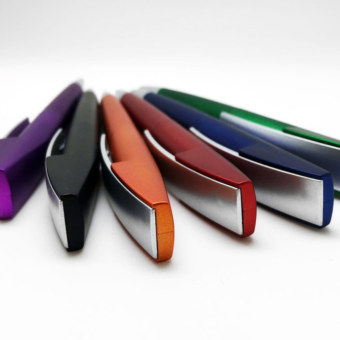 A collection of metallic plastic pens in various colours: purple, black, orange, red, green, and blue, featuring a logo.