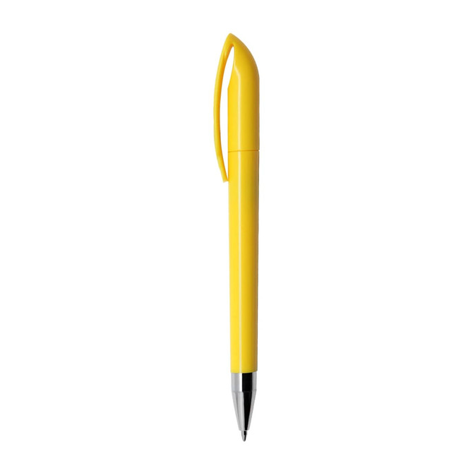 A yellow plastic pen with a sleek design and a clip. Features a shiny silver tip and has a logo.