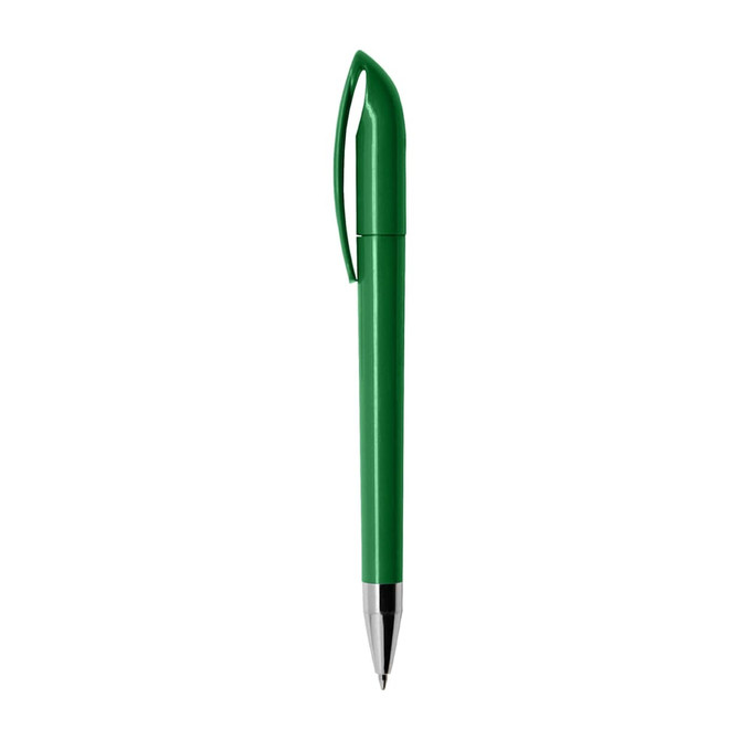 A green plastic pen with a unique clip design and metallic tip, featuring a logo on its surface.