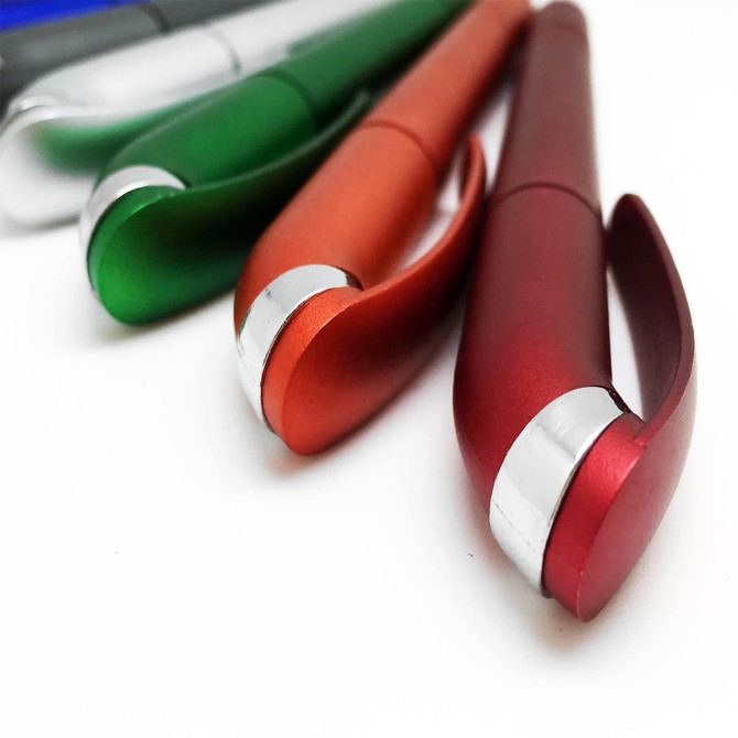 A collection of plastic pens in metallic colours: green, red, silver, and blue, featuring a logo on the body.