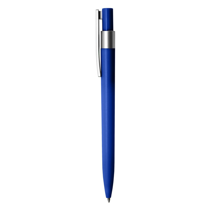 A blue plastic pen with a silver clip and accents. It has a smooth, sleek design and features a logo.