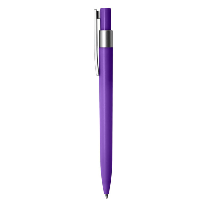 A purple plastic pen with a silver clip and a sleek design, featuring a branding logo.
