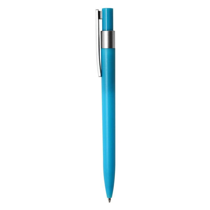 A plastic pen in a vibrant blue colour with a silver clip and a sleek design. It features a logo on the barrel.
