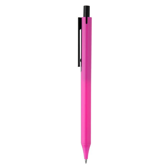 A plastic pen in a gradient of pink, featuring a black clip and a branded logo.