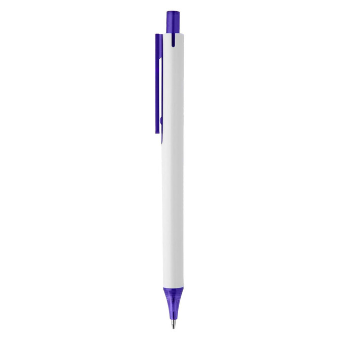A plastic pen in white with a purple click mechanism and a clip. It features a branding logo.