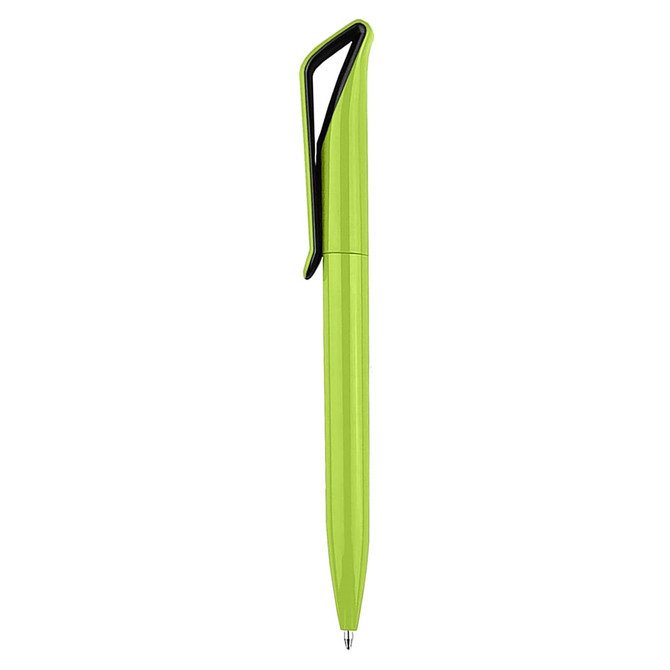 A green plastic pen with a black clip and a smooth design. It features a branding logo on the body.