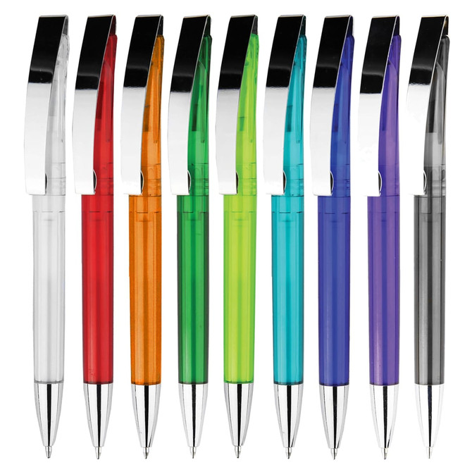 A collection of plastic pens in clear, red, orange, green, blue, purple, and a few other colours with chrome accents.