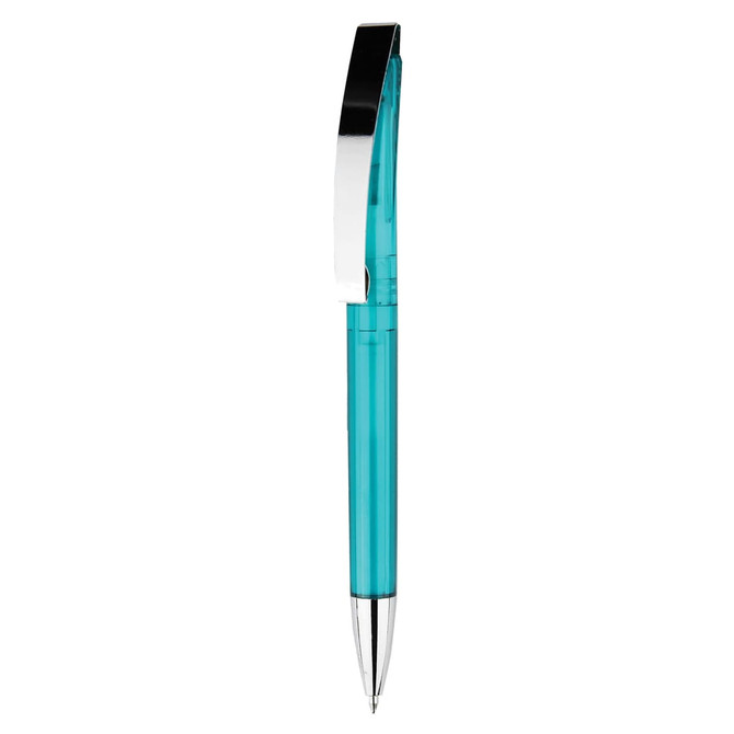 A plastic pen featuring a turquoise barrel and a silver clip, with a smooth design and shiny finish.