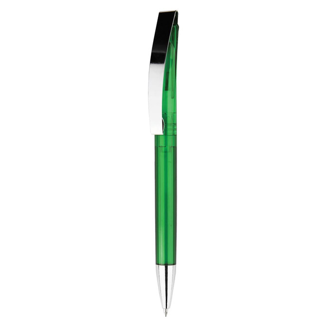 A green plastic pen with a chrome clip and silver tip, featuring branding on the barrel.