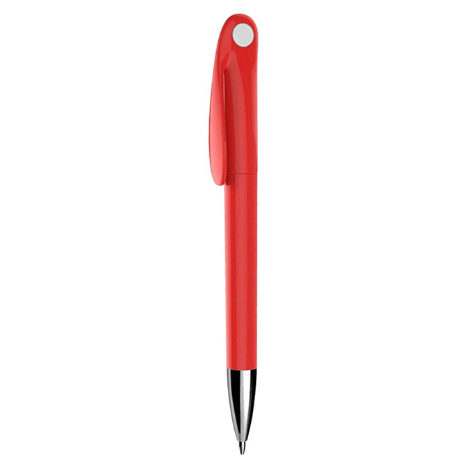 A red plastic pen with a smooth finish and a clip, featuring a logo on the barrel.