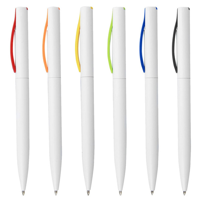 A collection of white plastic pens with coloured clips in red, orange, yellow, green, blue, and black. Each pen has a logo.