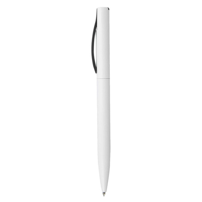 A white plastic pen with a black clip; features a logo.