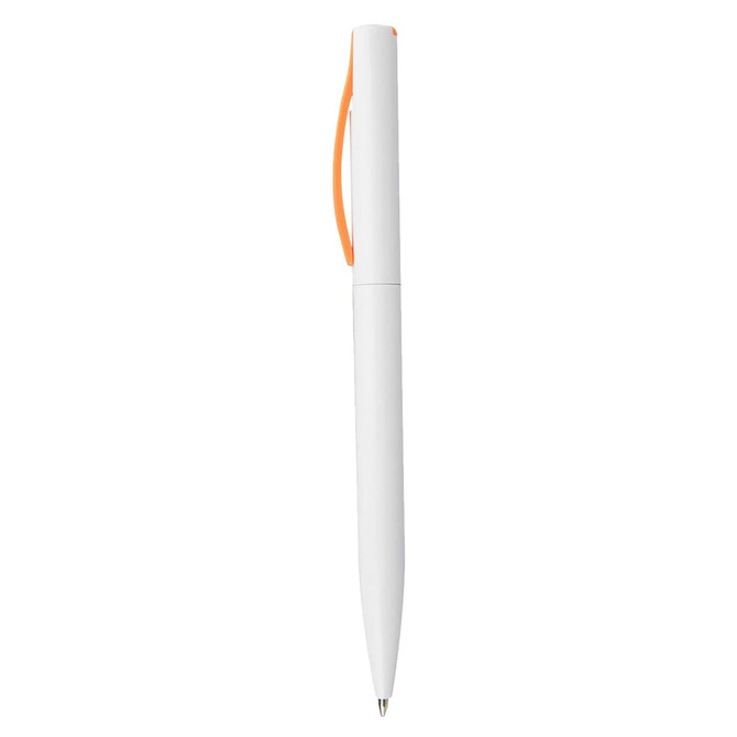 A white plastic pen with an orange clip, featuring a logo on the barrel.