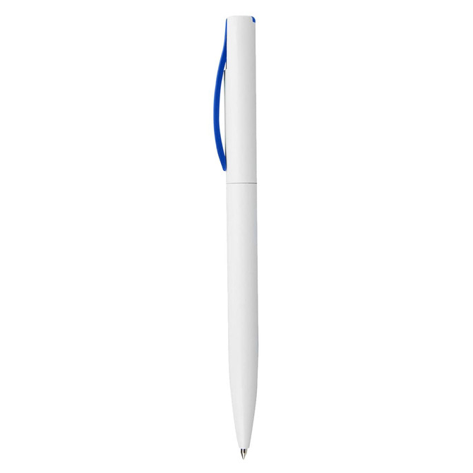 A white plastic pen with a blue clip and tip, featuring branding on its body.