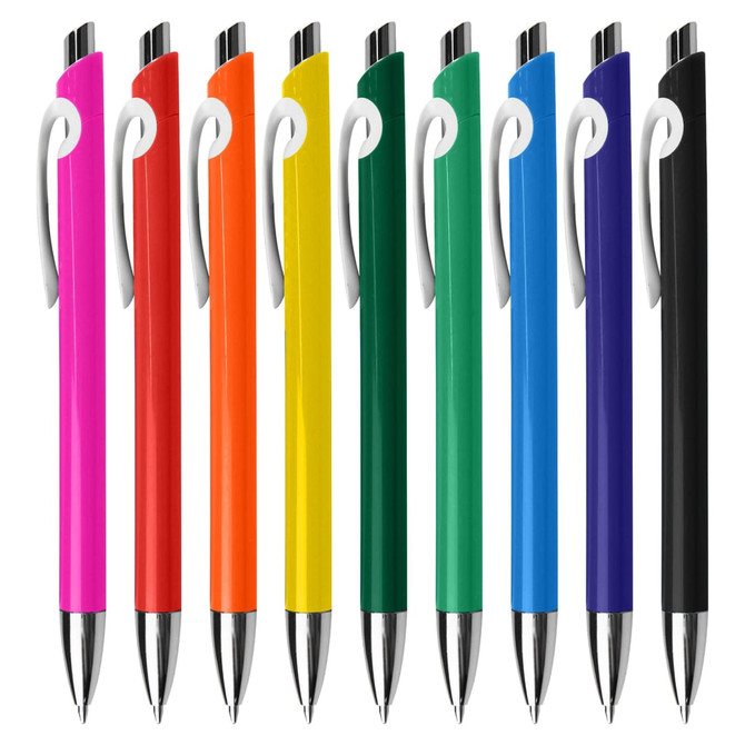 A collection of plastic pens in pink, orange, yellow, red, green, blue, and purple, each with a white grip and a logo.