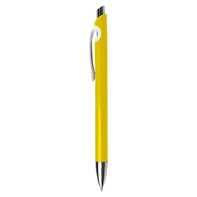 A yellow plastic pen with a silver clip and a sleek design. It features a logo on its body.