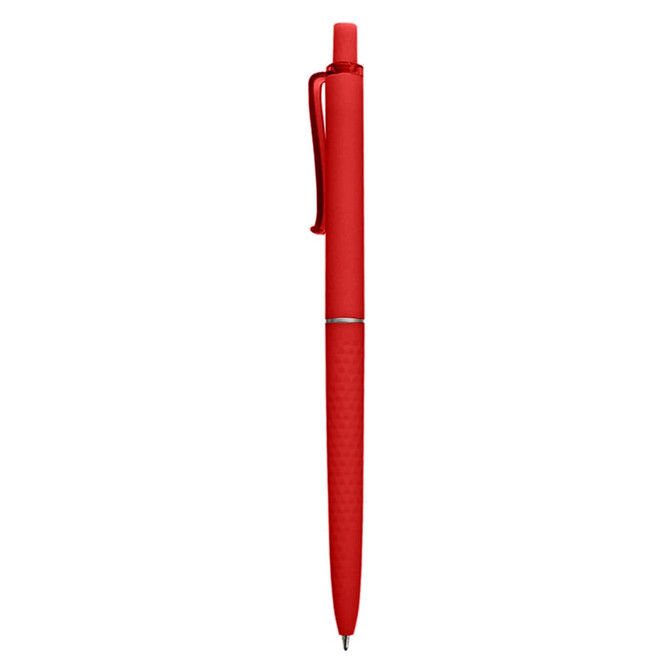 A red plastic pen with a clip and a smooth finish, featuring a logo on its surface.