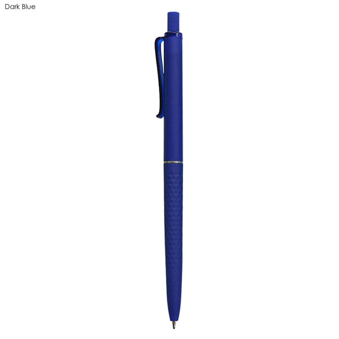 A dark blue plastic pen with a textured grip and a clip, featuring a logo.