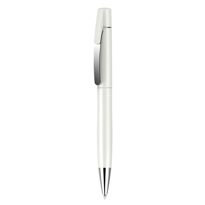 A white plastic pen with a silver clip and a polished tip, featuring a sleek and simple design.
