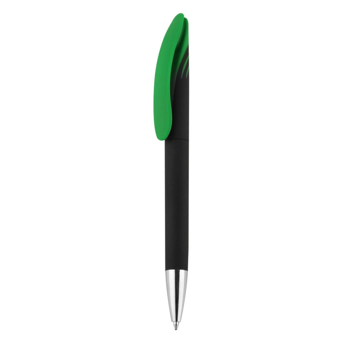 A plastic pen in black with a green grip and silver accents, featuring a logo on the barrel.