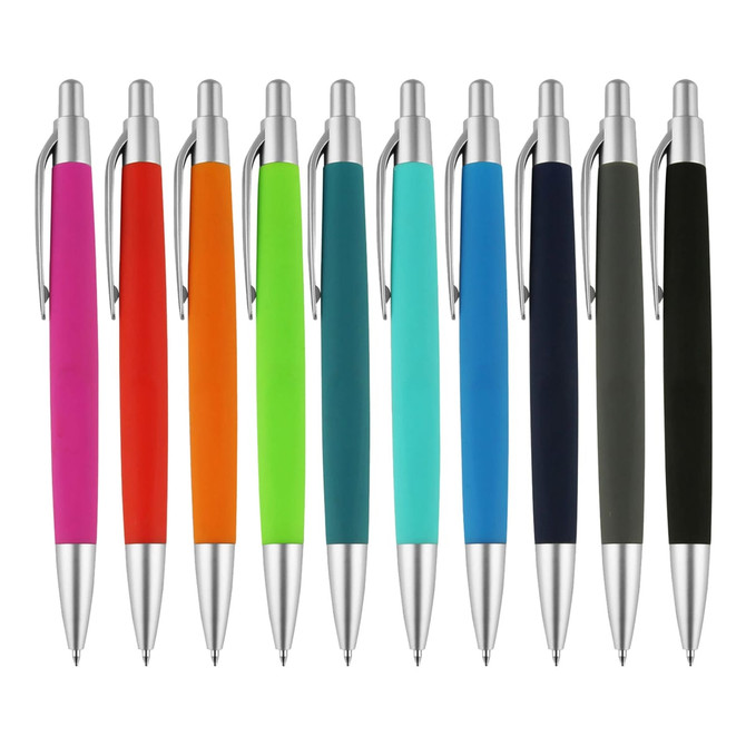 A collection of ten pens in vibrant colours, including pink, orange, teal, blue, and black, with silver accents.