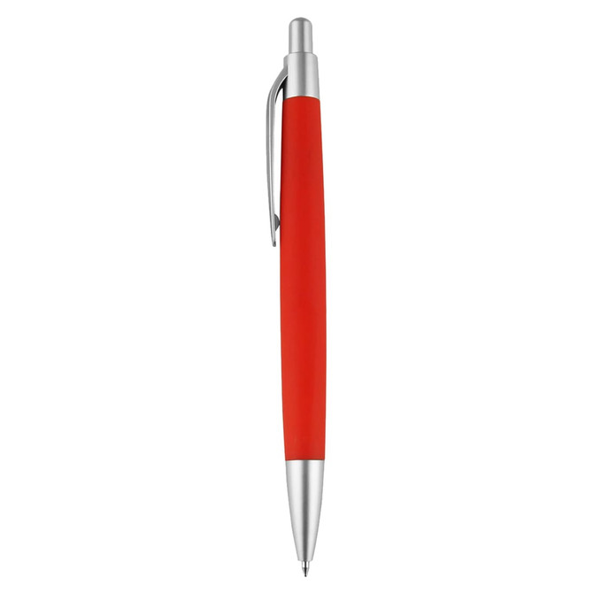 A red pen with a silver clip and tip, featuring a smooth, sleek design. It has a branding logo.