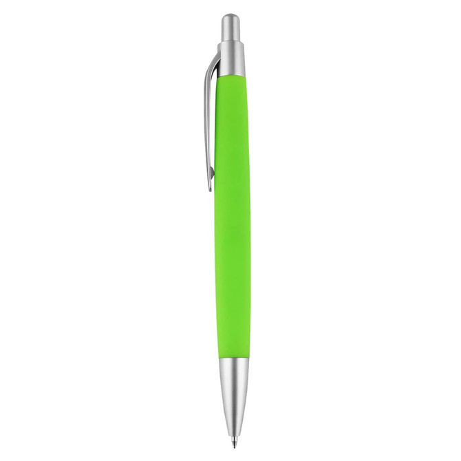 A green pen with a silver clip and tip, featuring a smooth, textured grip. It has a branding logo.
