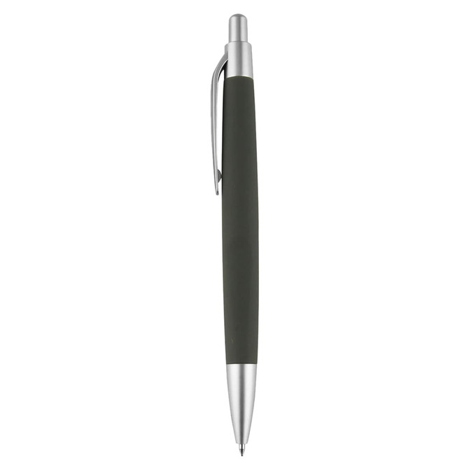 A green pen with a silver clip and tip, featuring a textured grip and a smooth design.