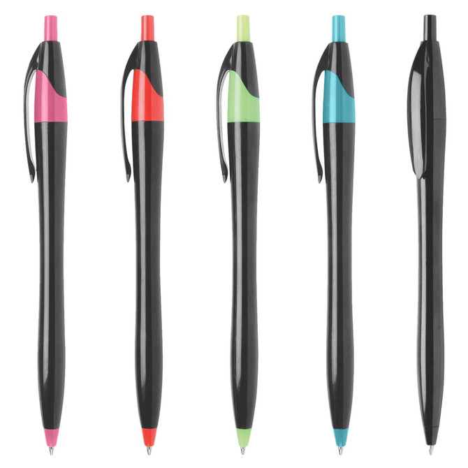 A set of five plastic pens in pink, red, green, blue, and black with a black grip and clip. Each pen has a logo.